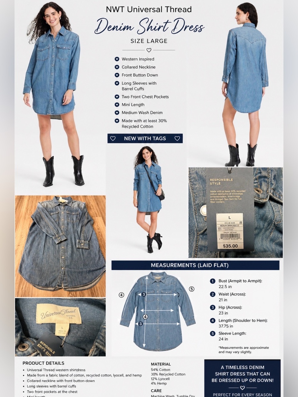 NWT Universal Thread Denim Western Shirt Dress Size Large Button Mini Dress